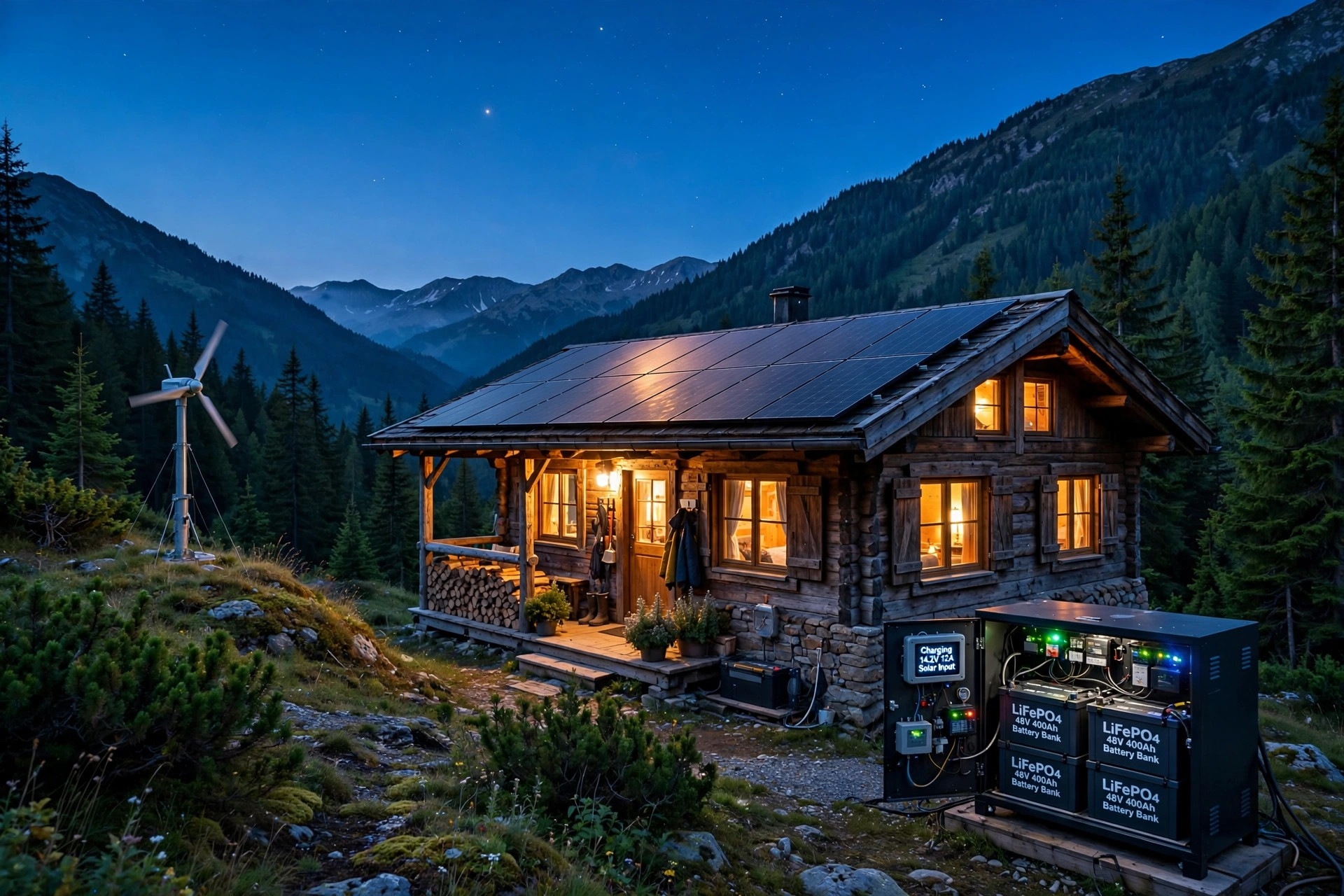 Off-grid cabin at dusk with solar panels