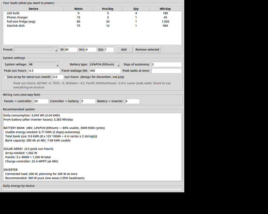 Off-Grid Power Calculator screenshot